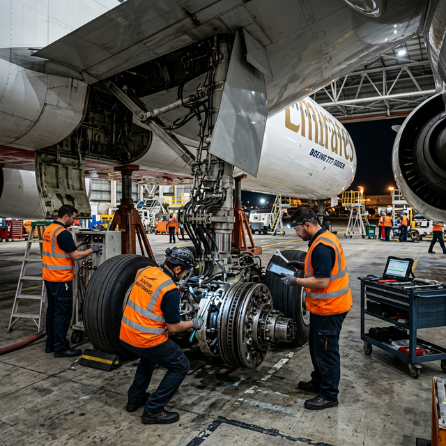 Aircraft mechanics inspecting the landing gear of a large commercial jet