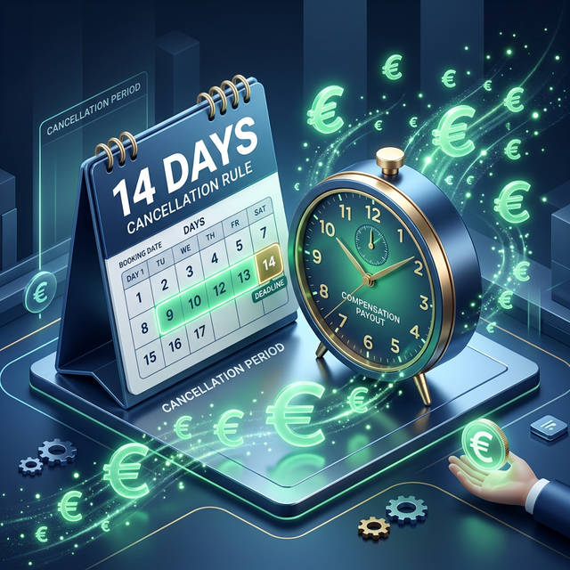 Calendar, clock, and Euro symbols representing 14-day cancellation rules