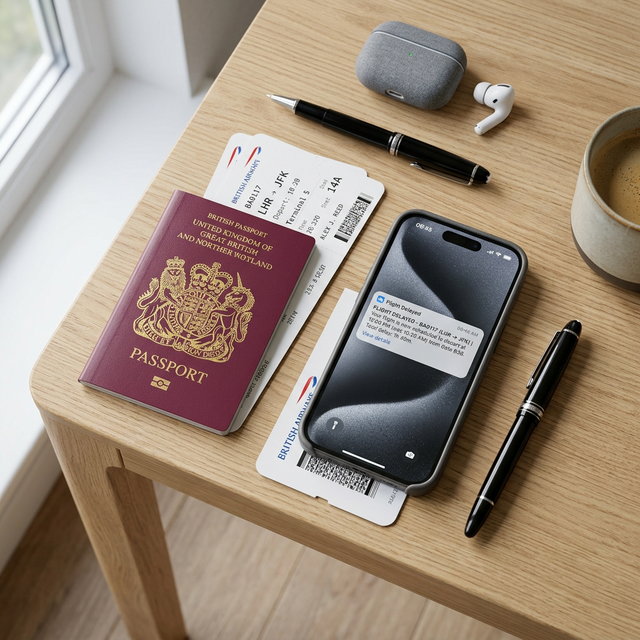 Flatlay of passport, boarding passes, and flight delayed notification on a smartphone