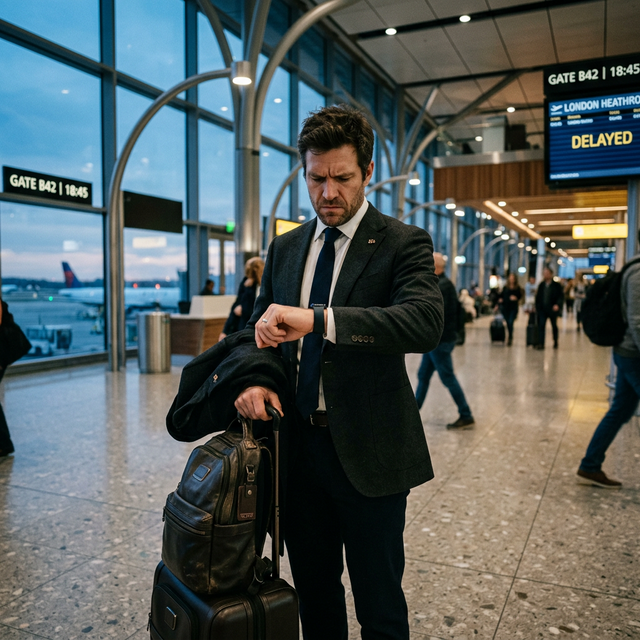 Frustrated business traveler checking their smartwatch in an airport