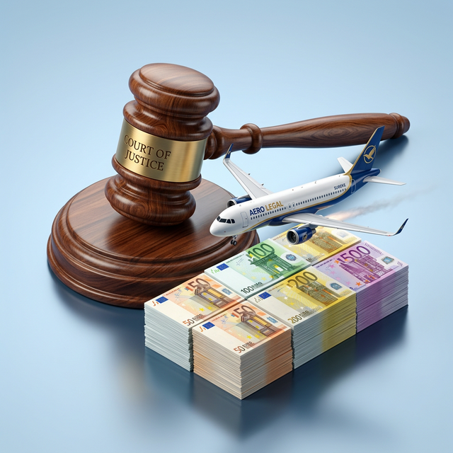 Isometric illustration of a judge's gavel next to an airplane and Euro banknotes
