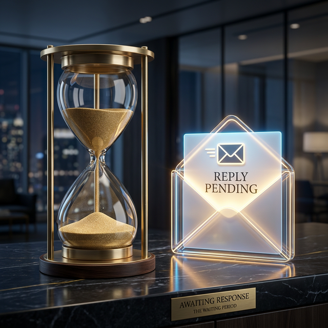Hourglass next to a glowing open email envelope representing waiting period