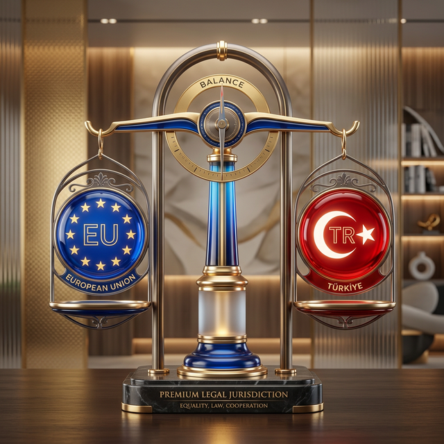 3D balance scale with EU and Turkish flags representing legal jurisdiction