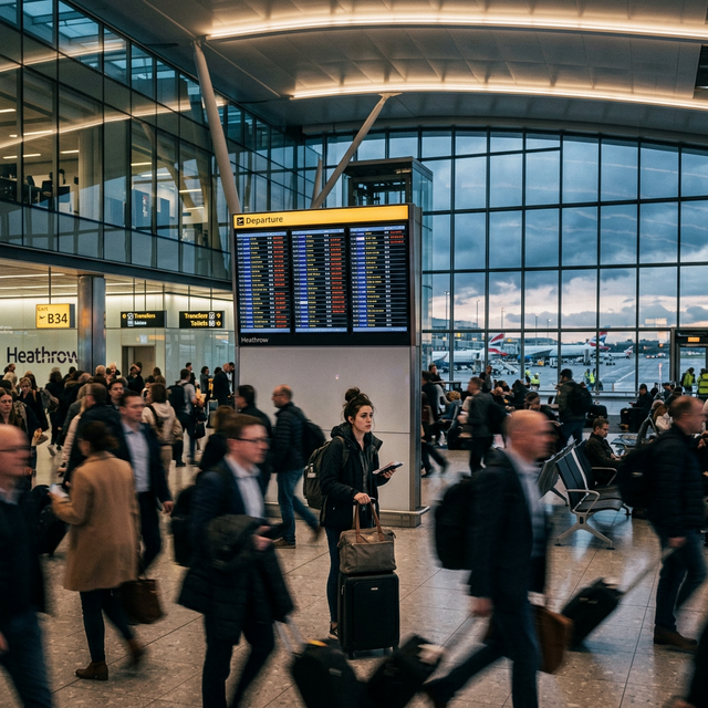 Blurred passengers walking quickly at Heathrow terminal during a flight delay